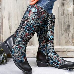 Knee High Black Floral Embroidered Boots Women's Size 10